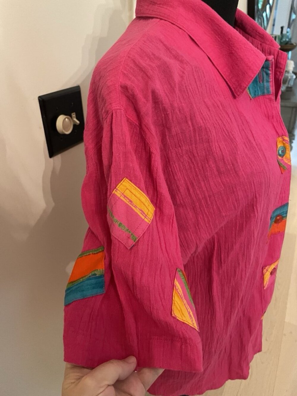 Vintage 90s Bonnie Boynton Artsy Pink Top Resortwear Shirt Button Gauze Cotton L - Picture 3 of 8